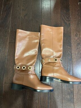 Larroude Tan Knee-High Leather Boots with Gold Accent Buckle